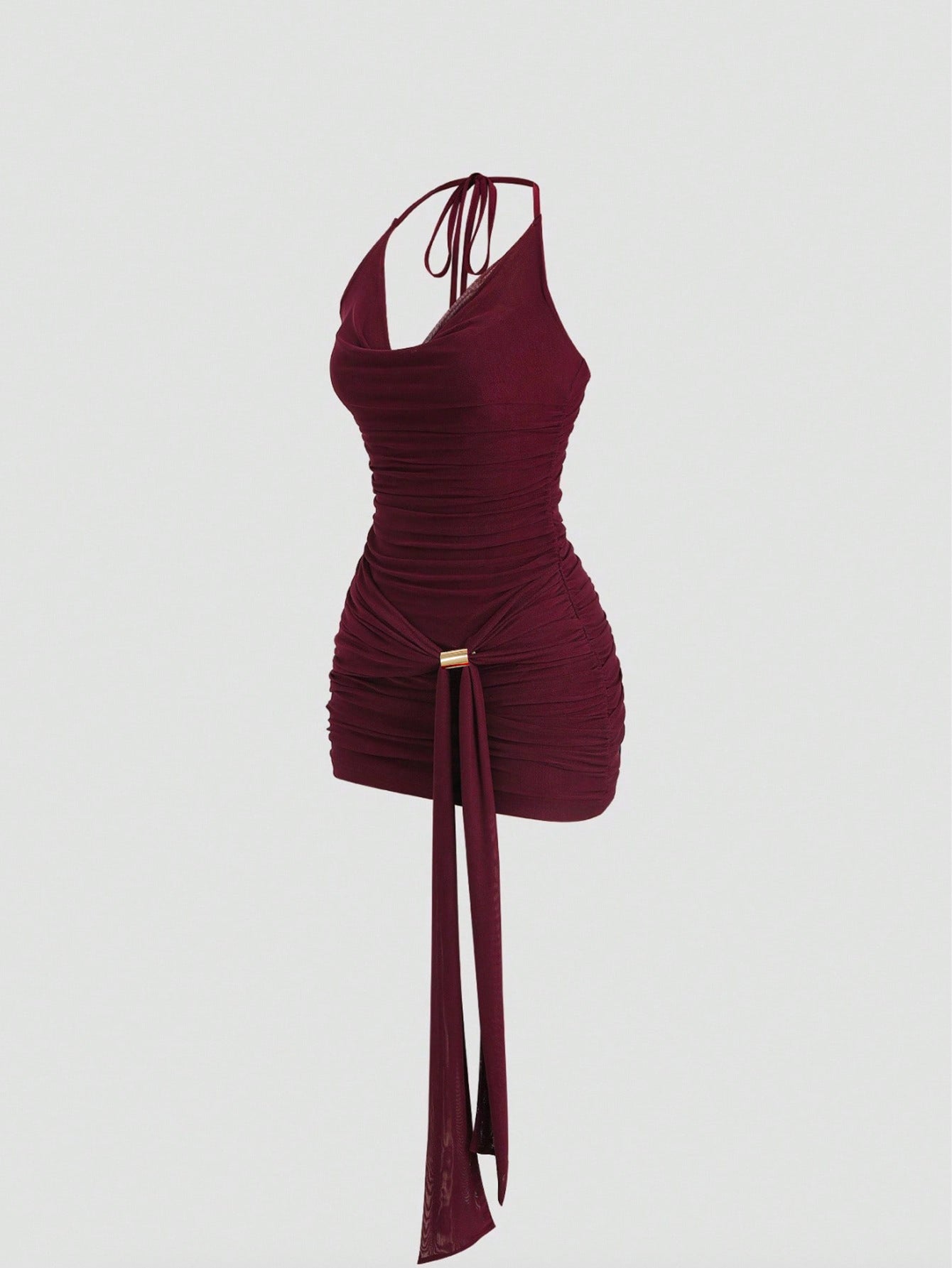 Women Halter Neck Belted Metallic Buckle Rushed Short Skirt  Sexy Backless Bodycon Dress