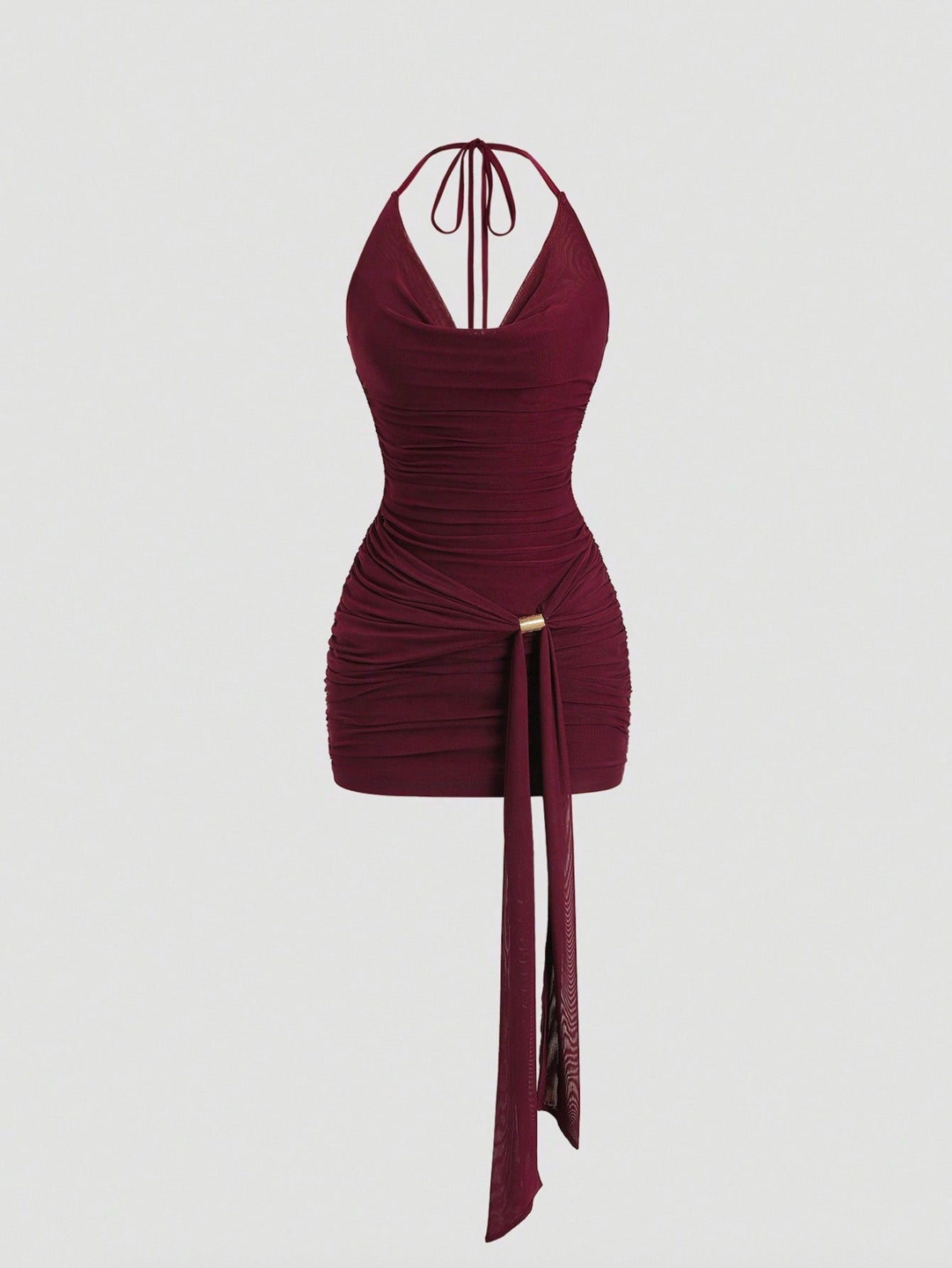 Women Halter Neck Belted Metallic Buckle Rushed Short Skirt  Sexy Backless Bodycon Dress