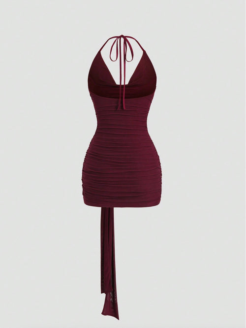 Women Halter Neck Belted Metallic Buckle Rushed Short Skirt  Sexy Backless Bodycon Dress